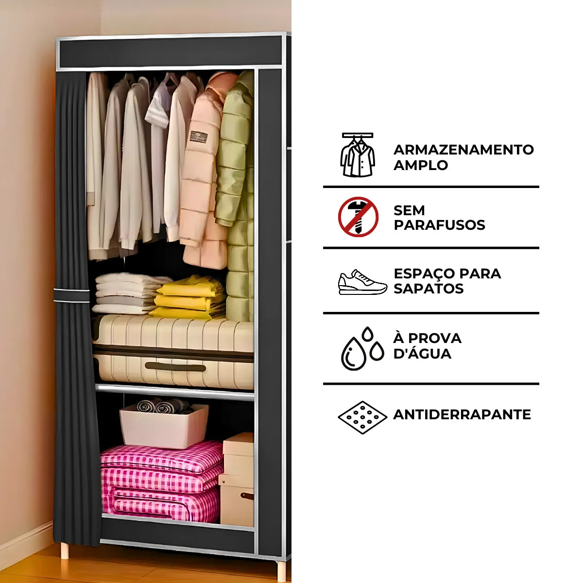 Guarda Roupa Closet Dobrável Capa de Tecido Preto