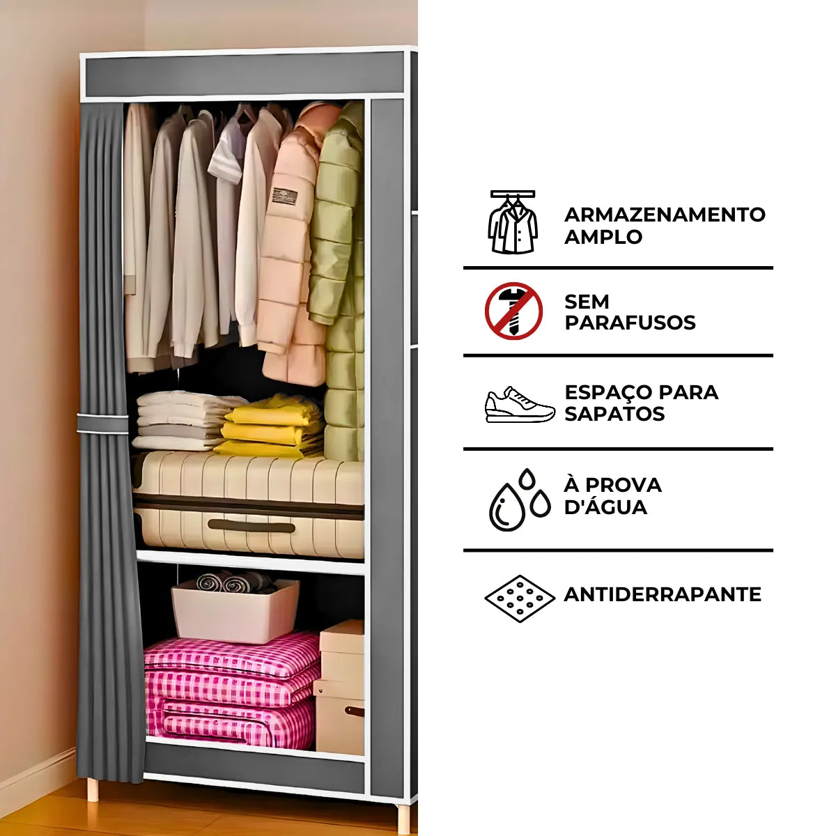 Guarda Roupa Closet Dobrável Capa de Tecido Cinza