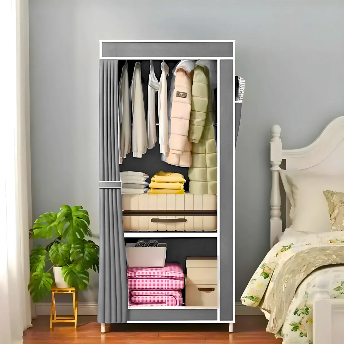Guarda Roupa Closet Dobrável Capa de Tecido Cinza