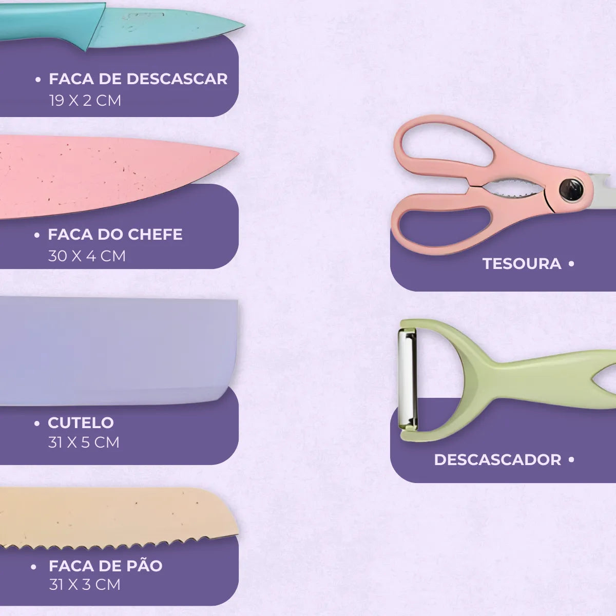 Kit Facas Aço Inoxidável Colorido Multifuncional 6 peças