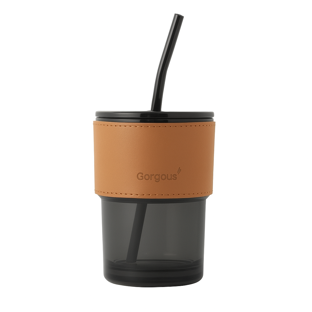 Copo de Vidro Canudo e Tampa Vedação 450ml Preto